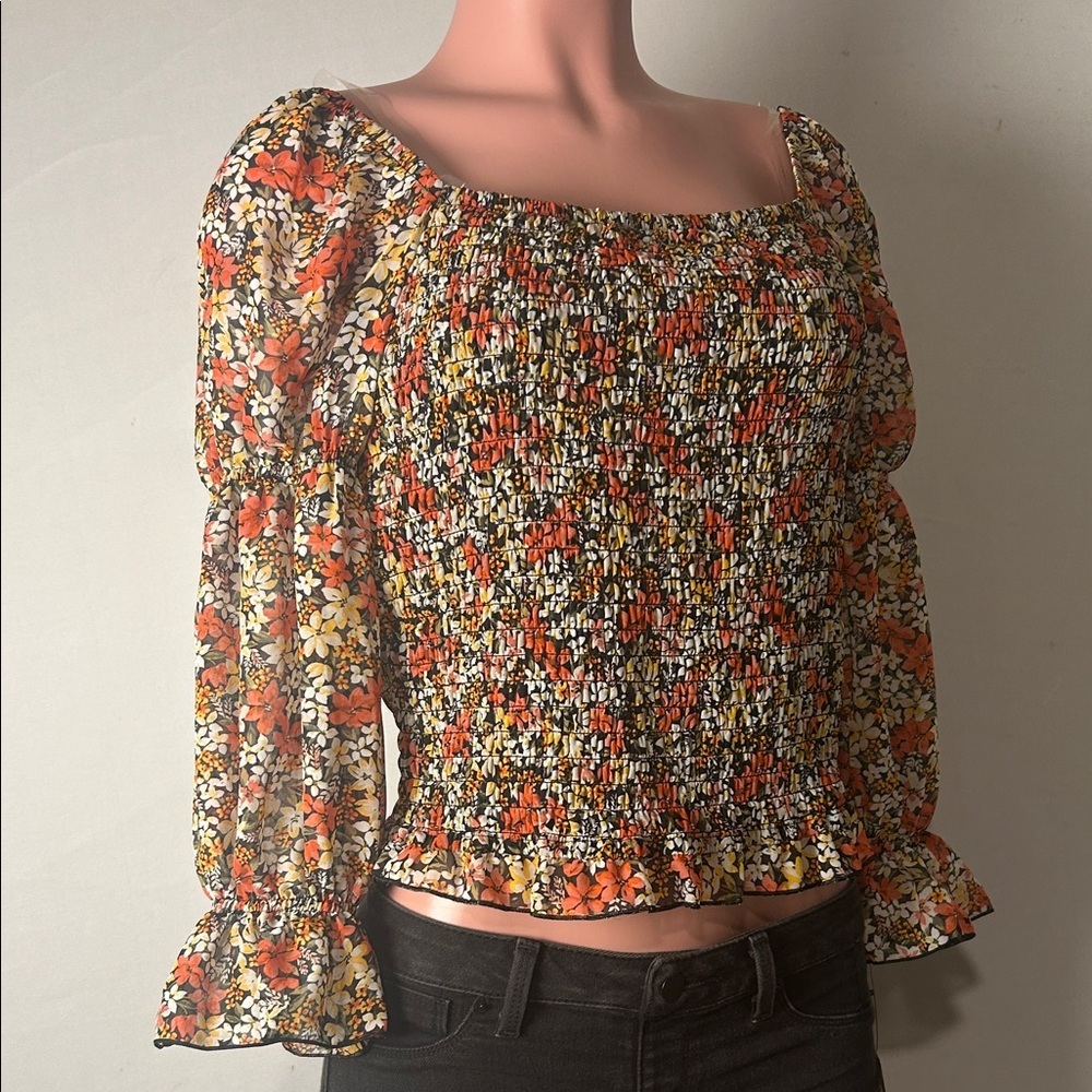 By & By Women’s Floral Puff Sleeve Cropped Top Blouse Square Neck Size L  NWT